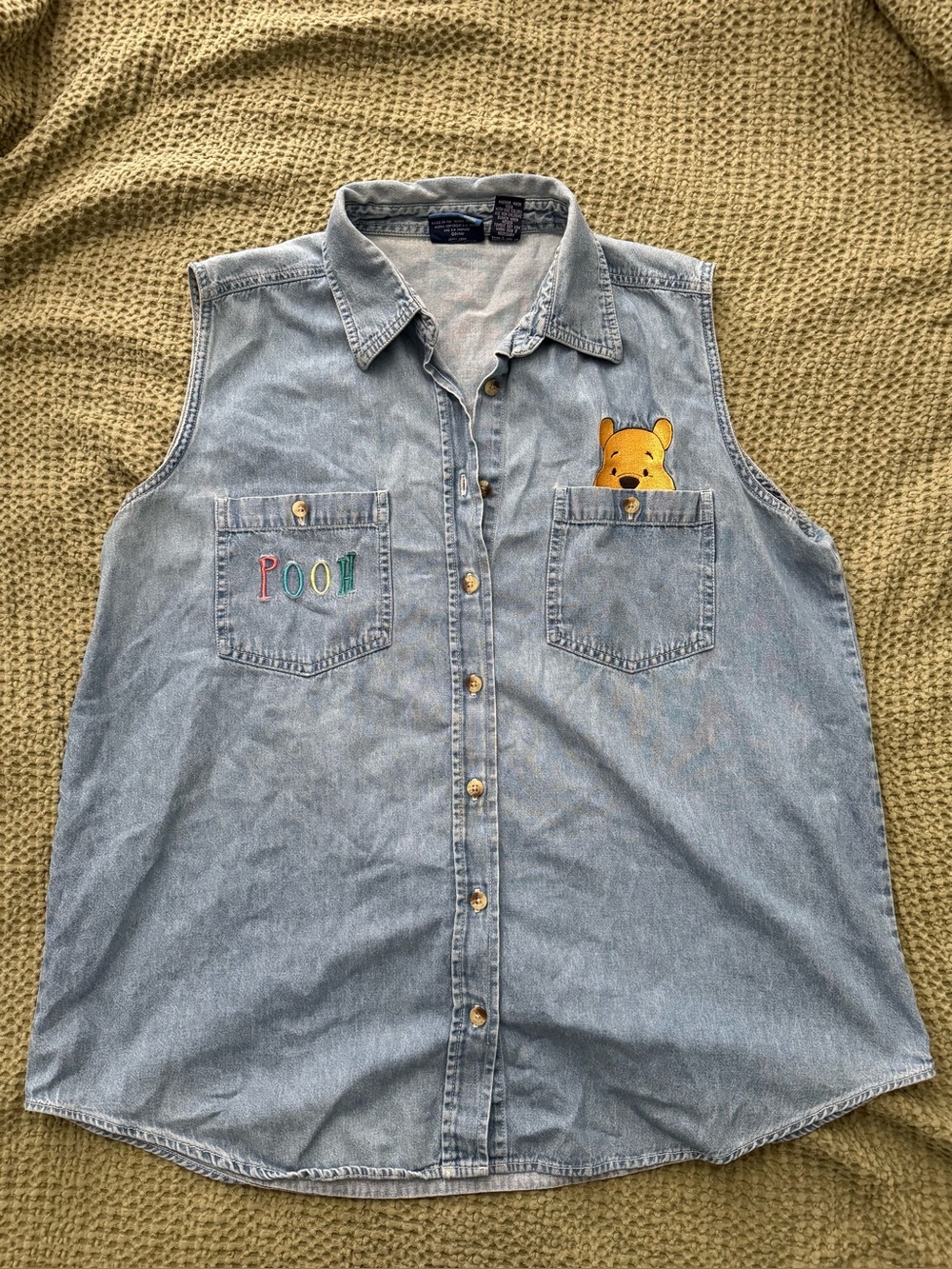 Disney Light Blue Denim Sleeveless Button-Down with Winnie the Pooh Pocket